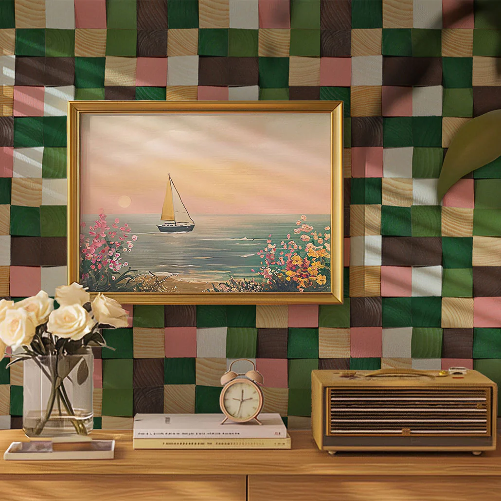 Wood Mosaic Panel | Rich Pine Wood Tile | 12"×12”